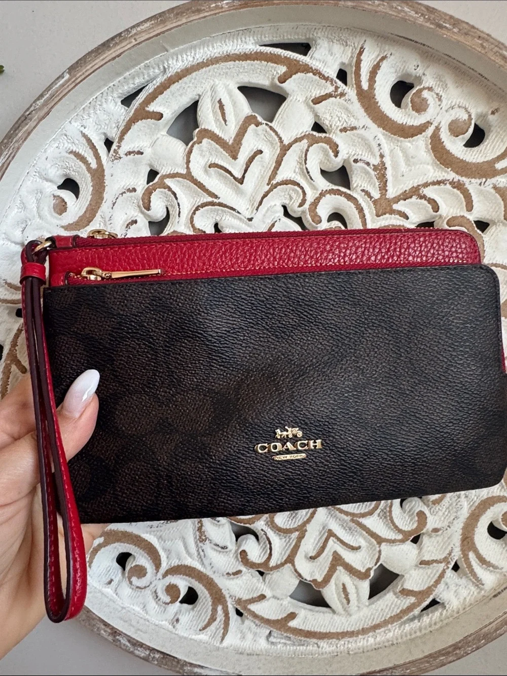 Coach Two-Tone Wristlet in Black/Brown and Red